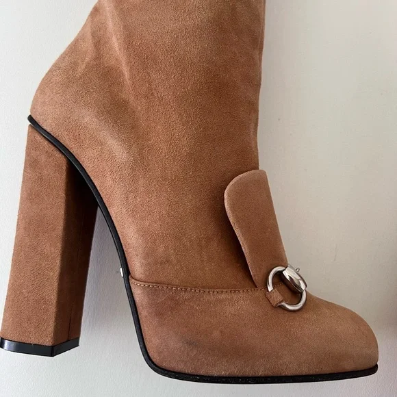 GUCCI | Lillian Horsebit Beige Tan Suede Leather Tall Knee High Heel Boot EU 37 - Picture 11 of 16